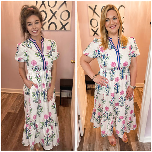 White Multi-Colored Floral Design With Pink & Blue V Neckline Trim Maxi Dress