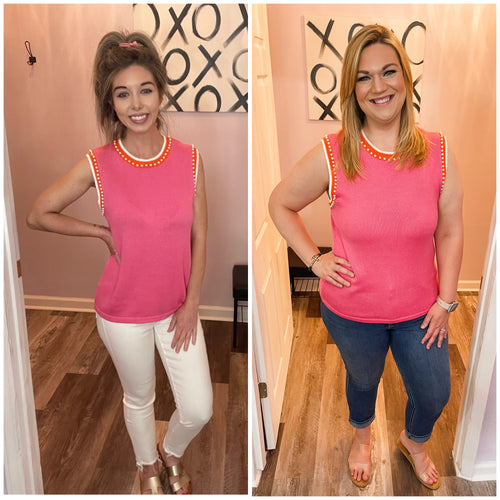 Pink With Orange & White Trim Pearl Embellished Knit Top