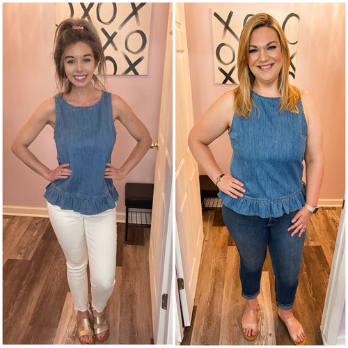 Denim Blue Ruffle Hem Button Down Back Peplum Top