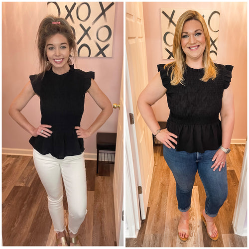 Black Ruffle Sleeves Smocked Peplum Top