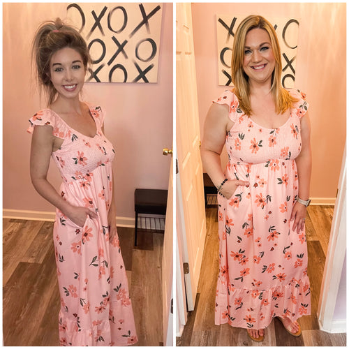 Pink Floral V Neck Maxi Dress