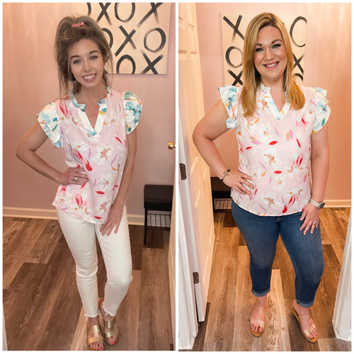 Multi-Colored Floral Frill Sleeve V Neck Top