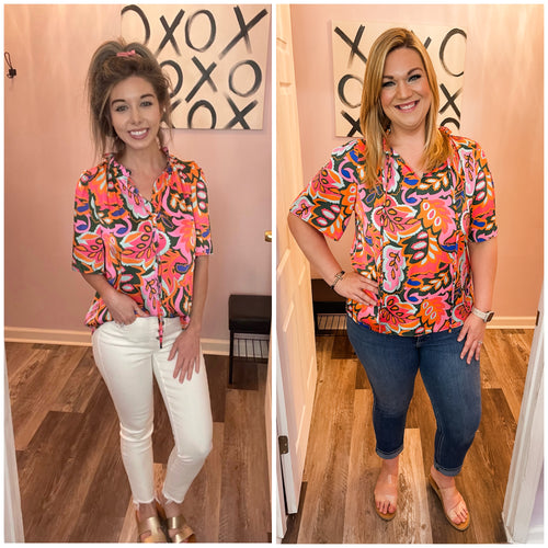 Multi-Colored Leaf Print V Neck Top
