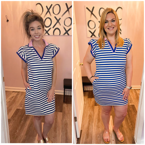 Blue & Ivory Striped With Pink Lining V Neck Dress