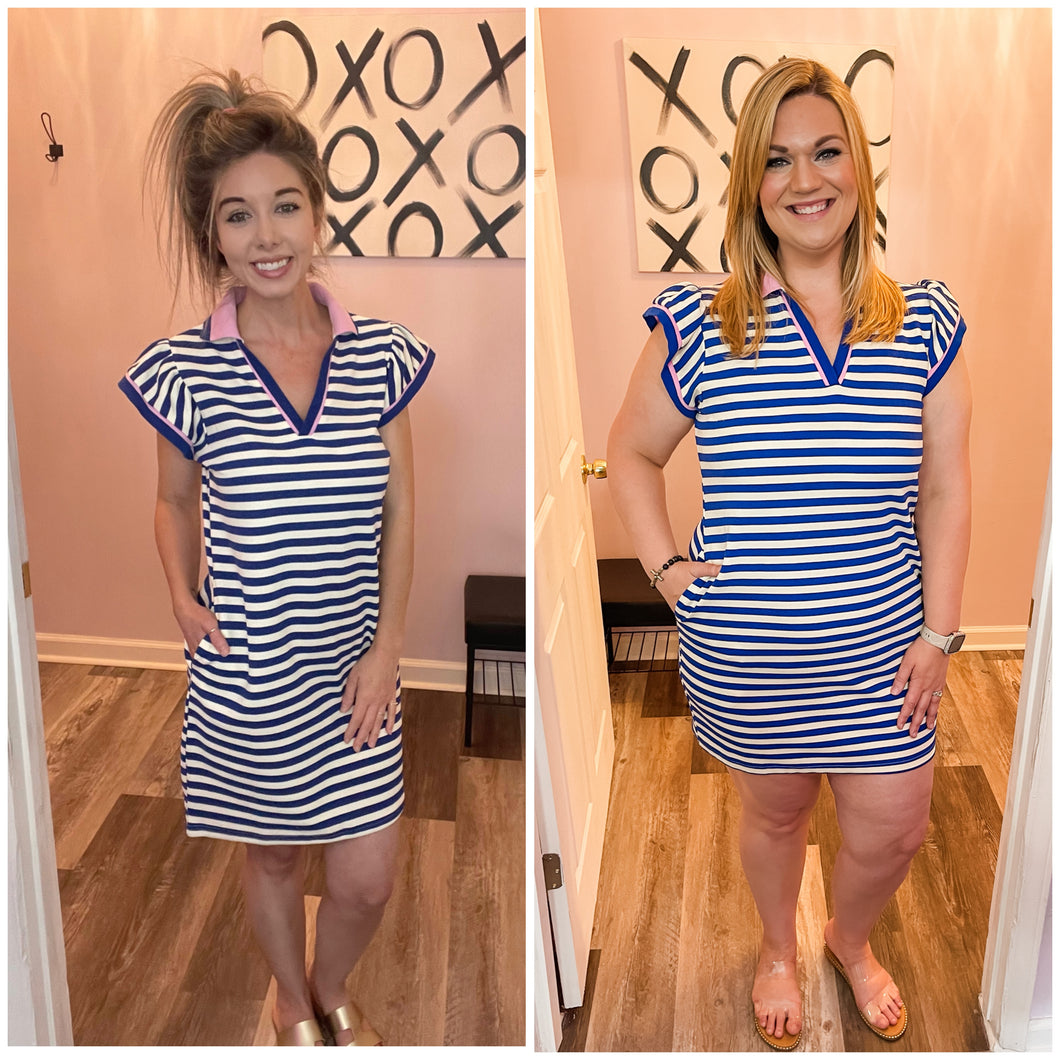 Blue & Ivory Striped With Pink Lining V Neck Dress