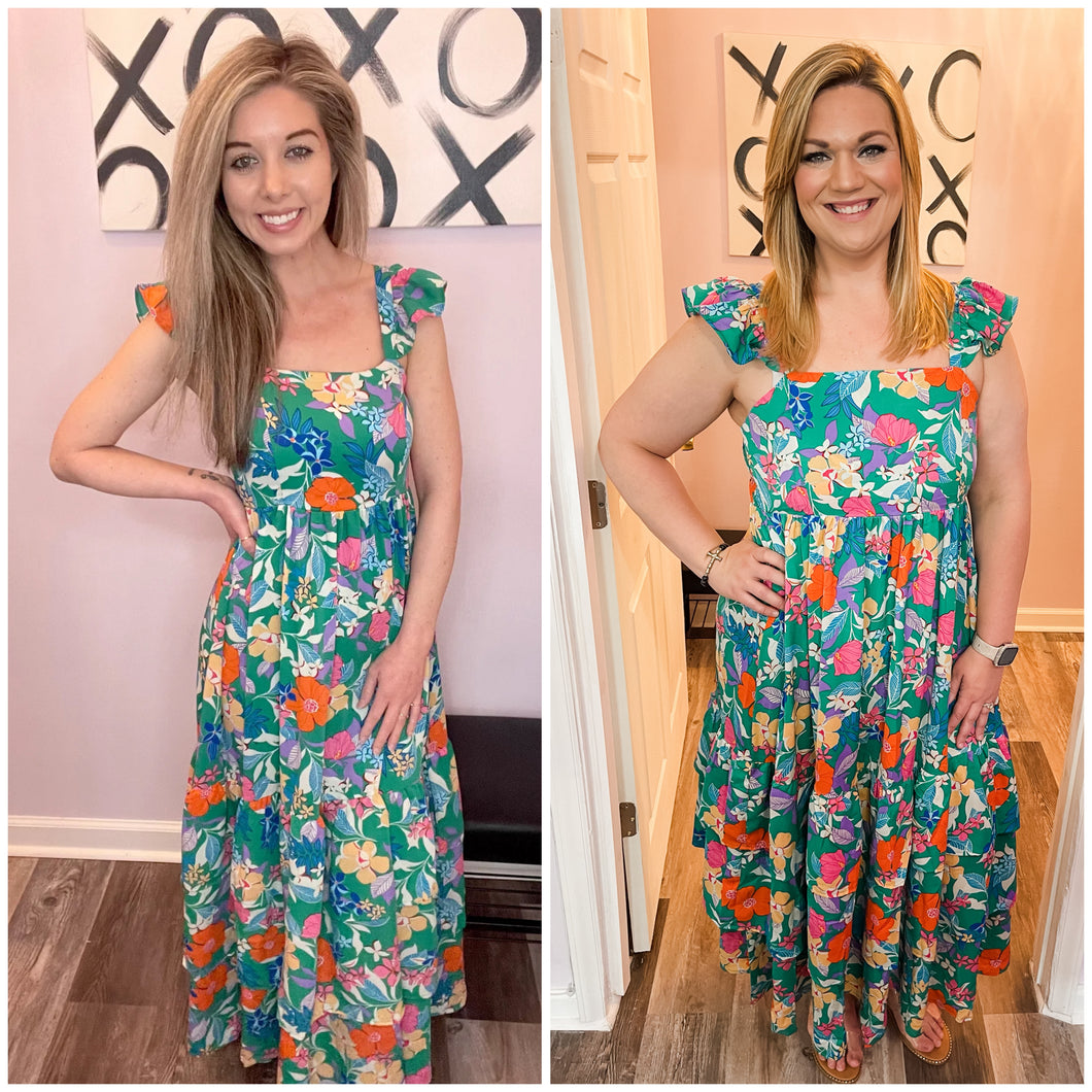 Green Multi-Colored Floral Print Tiered Maxi Dress
