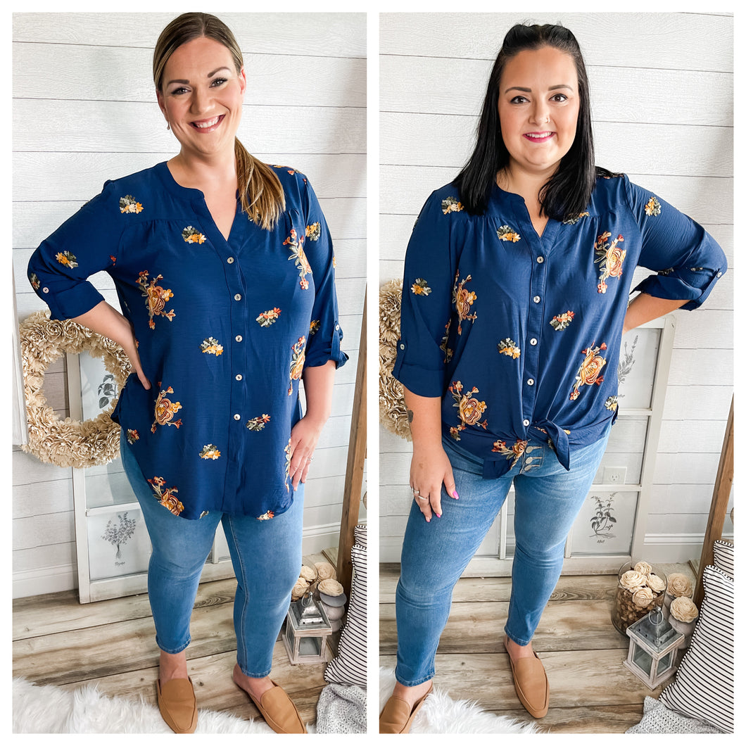 Plus Size Navy Embroidered Floral Buttoned Top