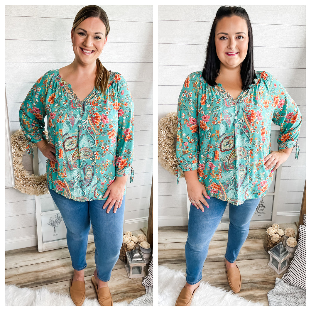 Plus Size Turquoise Floral And Paisley Print Top