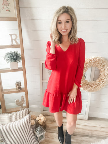 Red V Neck Long Sleeve Dress