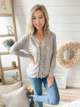 Load image into Gallery viewer, Heather Grey Ruffled Button Long Sleeve Top
