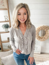 Load image into Gallery viewer, Heather Grey Ruffled Button Long Sleeve Top
