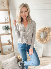 Load image into Gallery viewer, Heather Grey Ruffled Button Long Sleeve Top
