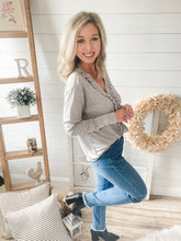 Load image into Gallery viewer, Heather Grey Ruffled Button Long Sleeve Top
