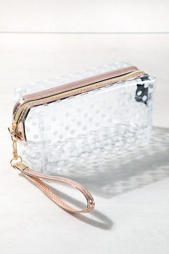 White Glitter Polka Dot Clear Pouch With Wristlet