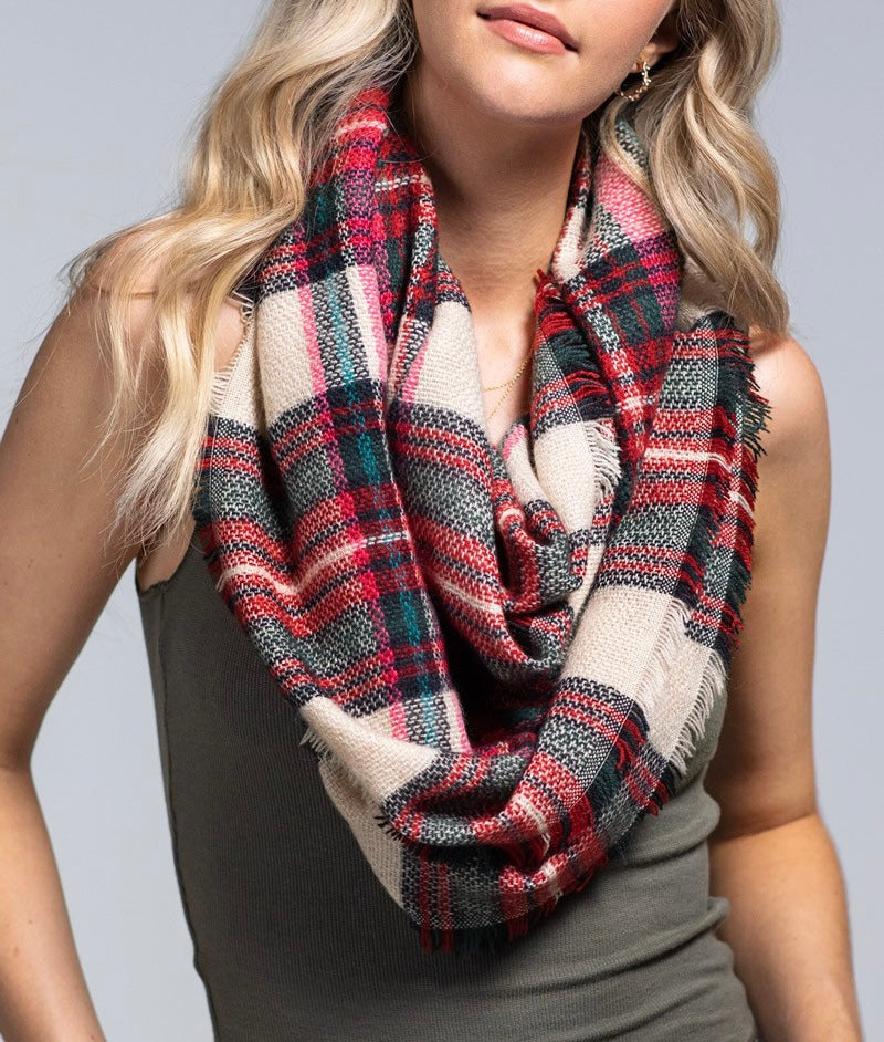 Plaid Infinity Scarf With Frayed Edge