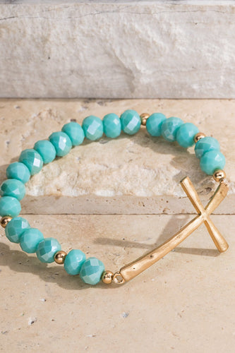 Turquoise Glass Beaded Metal Hammered Cross Bracelet