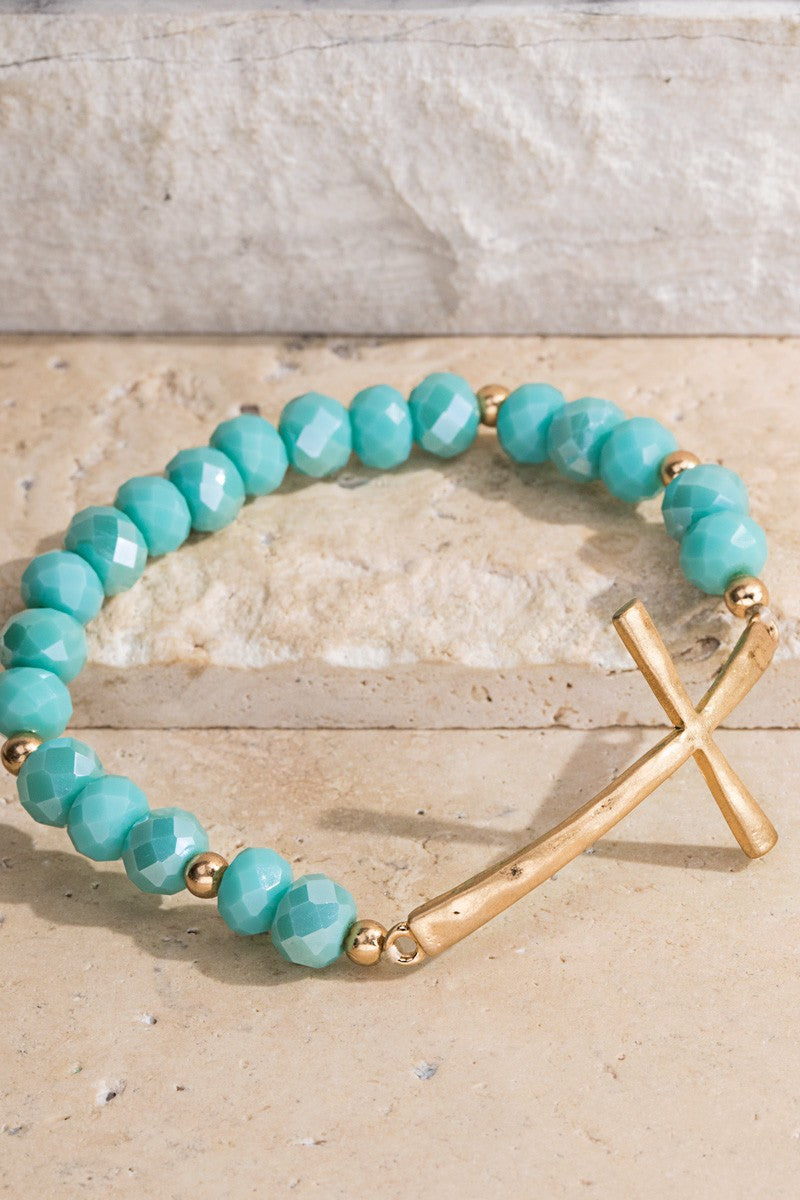 Turquoise Glass Beaded Metal Hammered Cross Bracelet