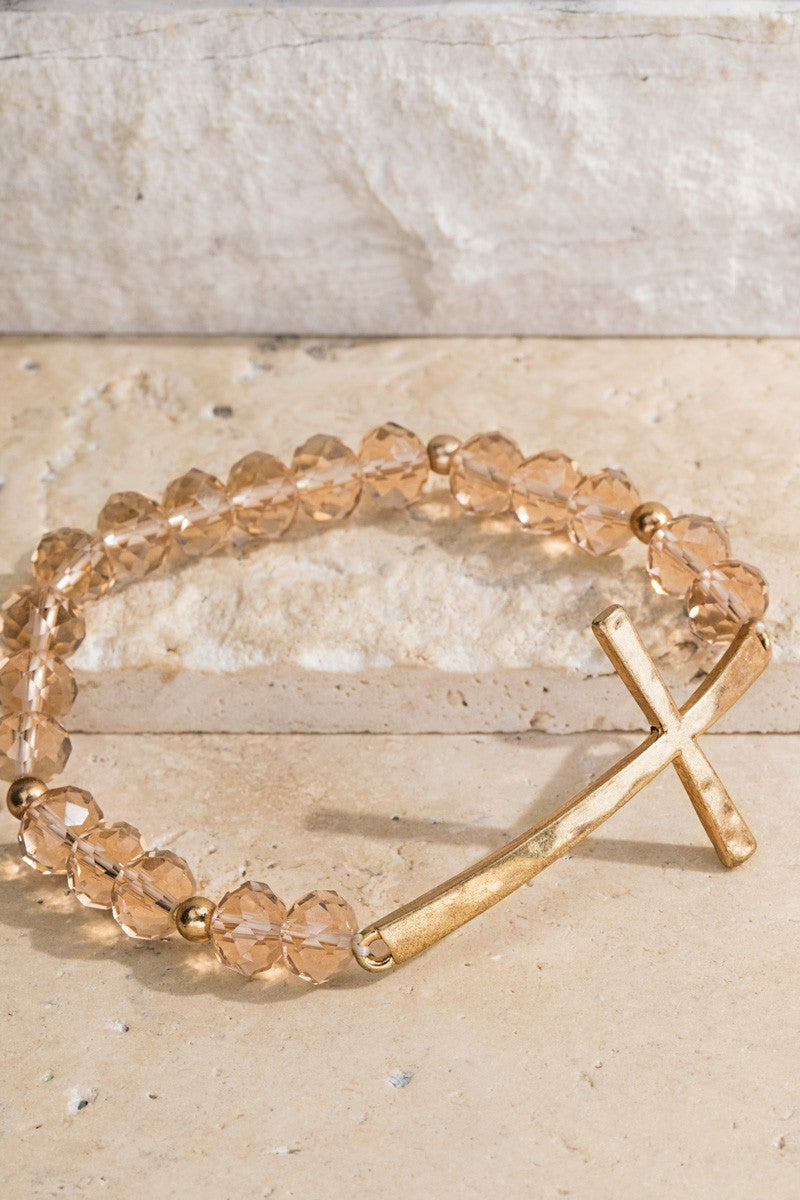 Champagne Glass Beaded Metal Hammered Cross Bracelet