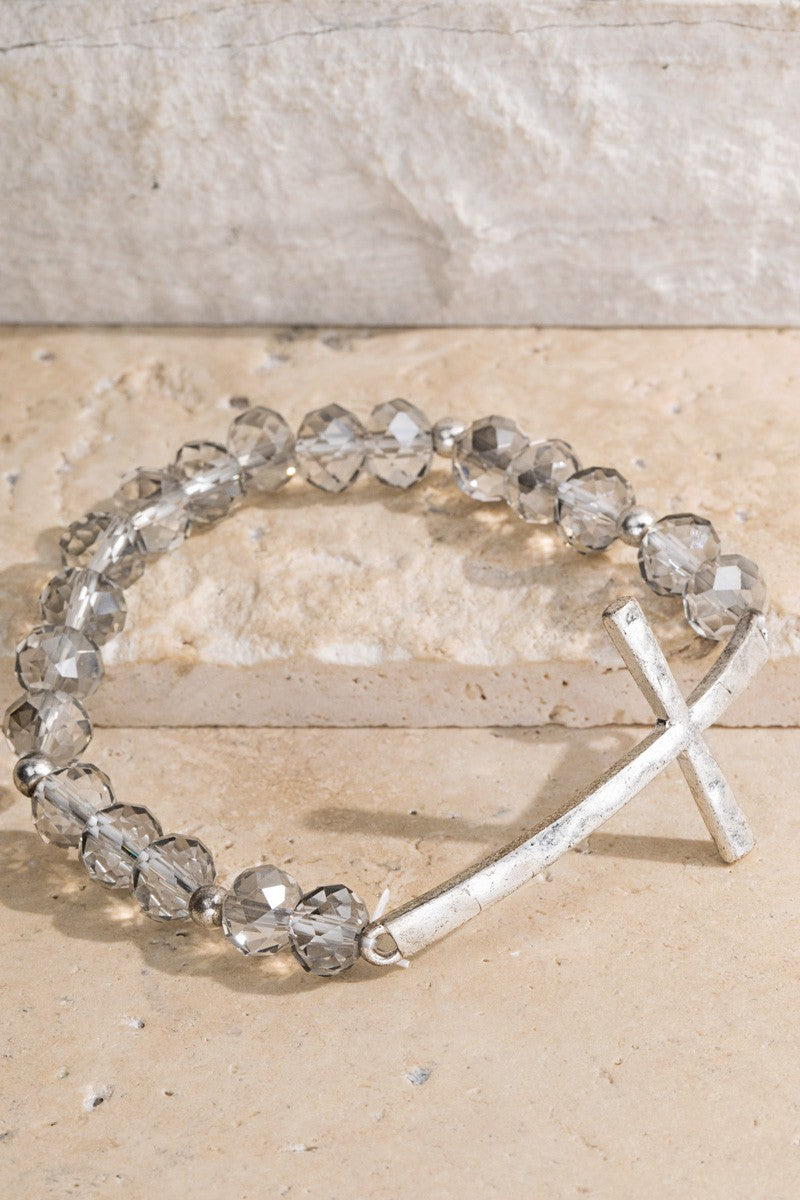 Grey Glass Beaded Metal Hammered Cross Bracelet