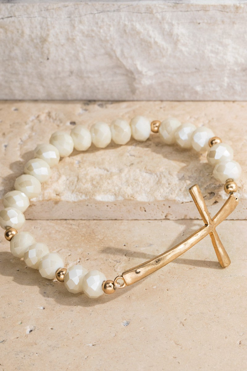 Ivory Glass Beaded Metal Hammered Cross Bracelet 