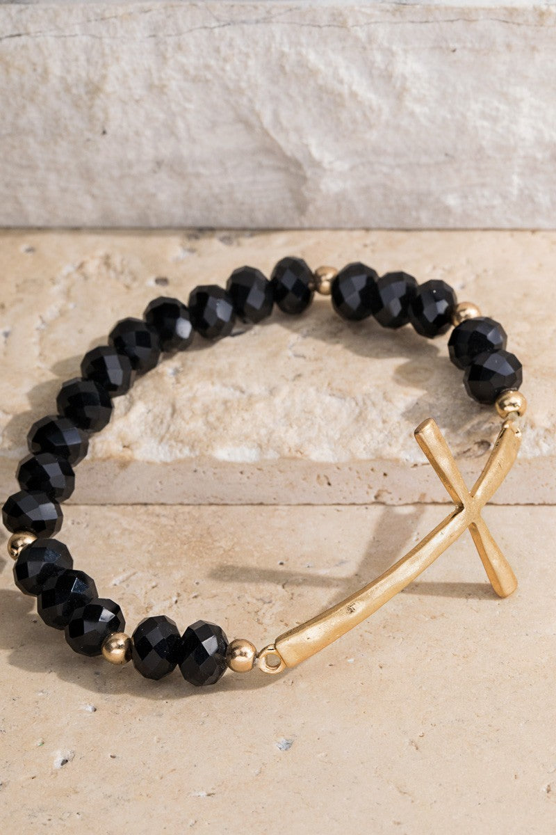 Black Hammered Metal Glass Beaded Cross Bracelet