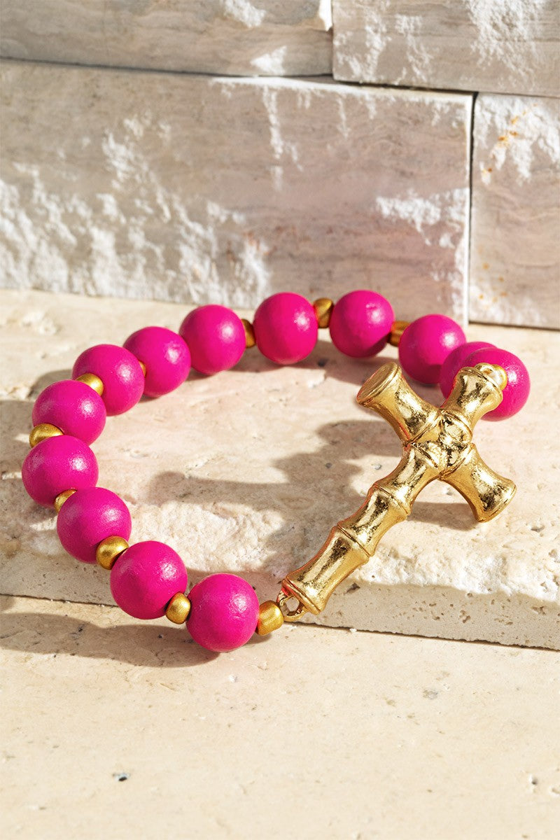 Fuchsia Wood Beaded Cross Bracelet