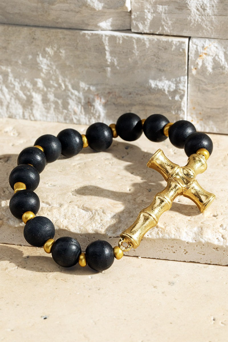 Black Wood Beaded Cross Bracelet