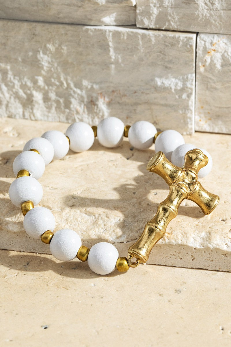 White Wood Beaded Cross Bracelet