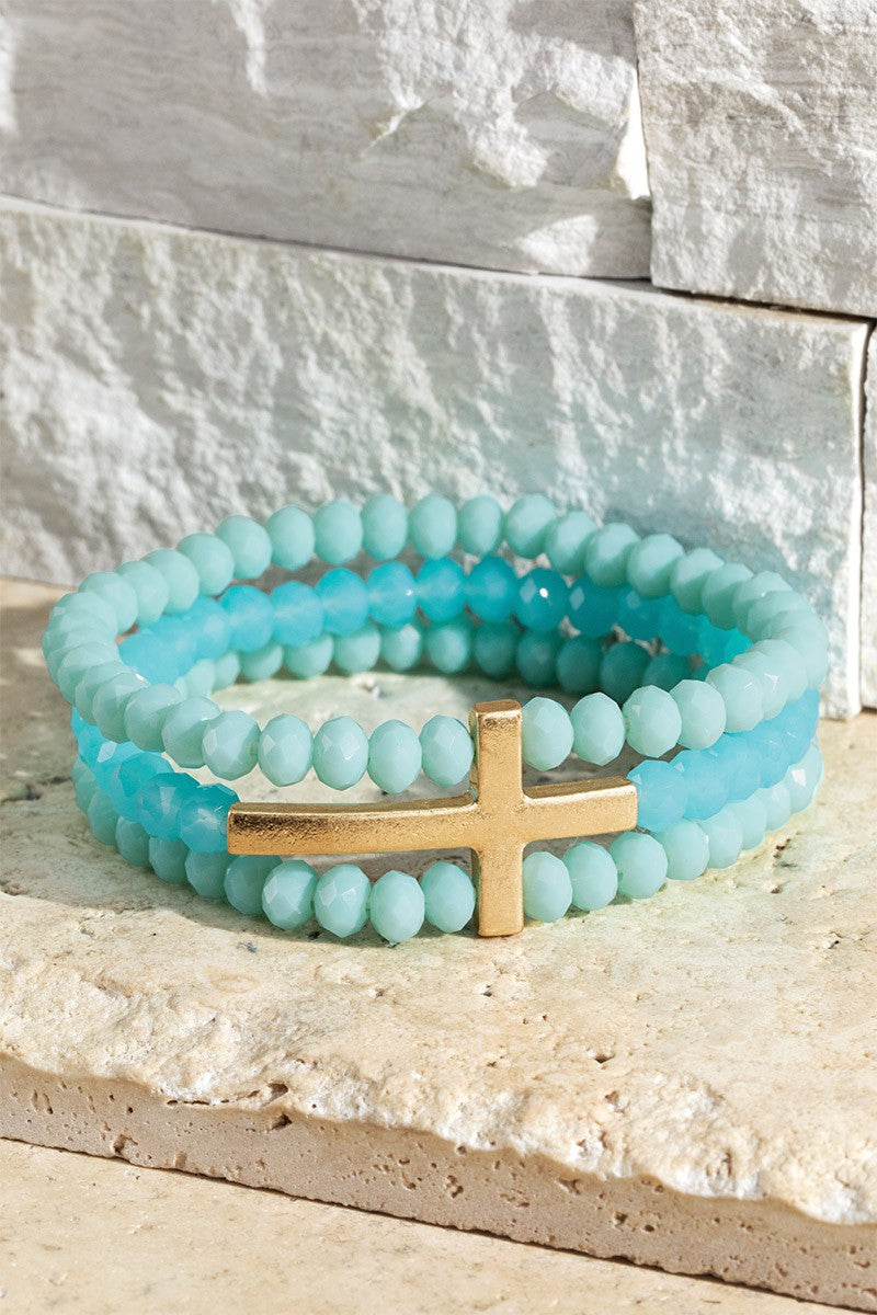 Aqua Layered Cross and Glass Beaded Bracelet