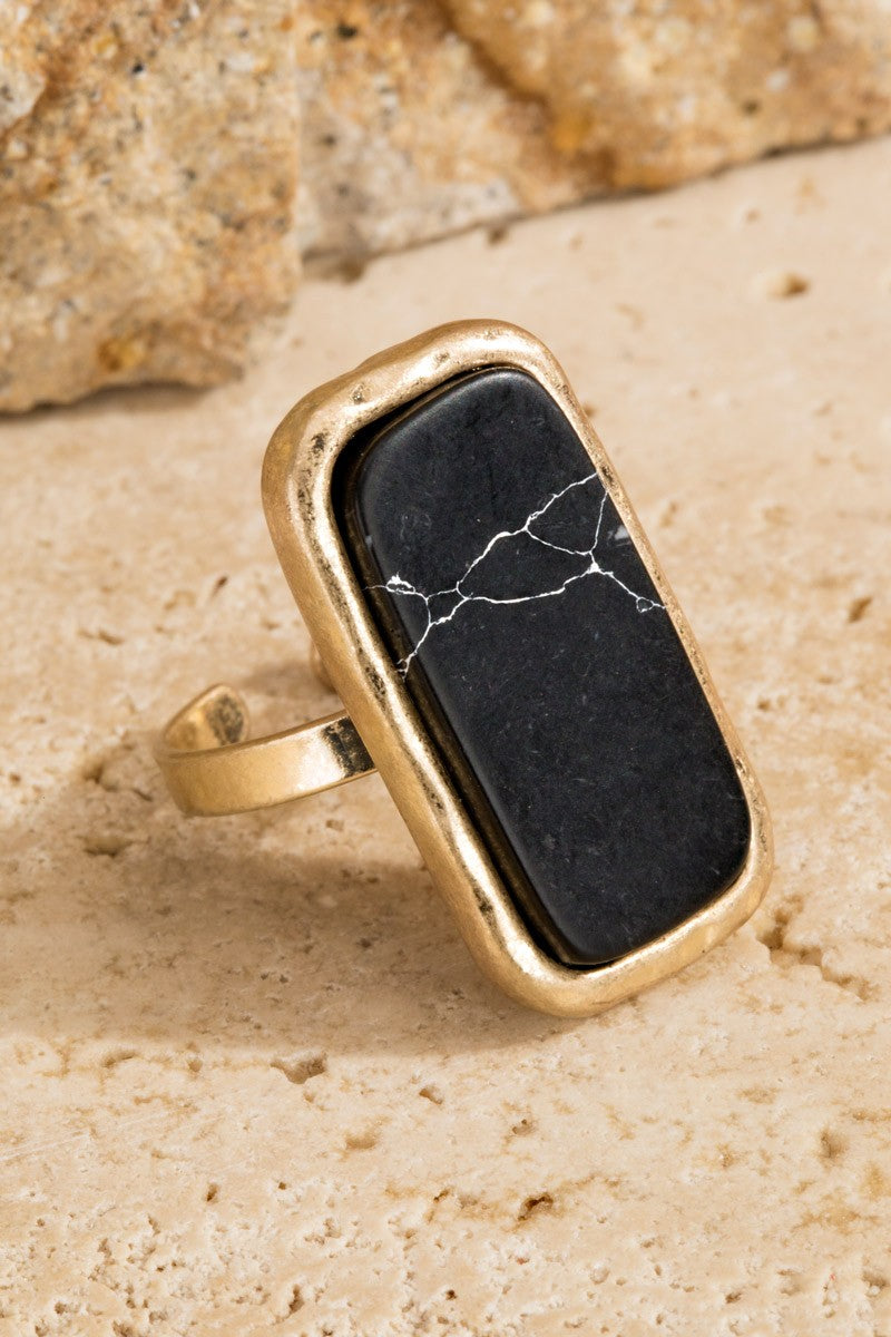 Black Marbled Rectangular Adjustable Ring