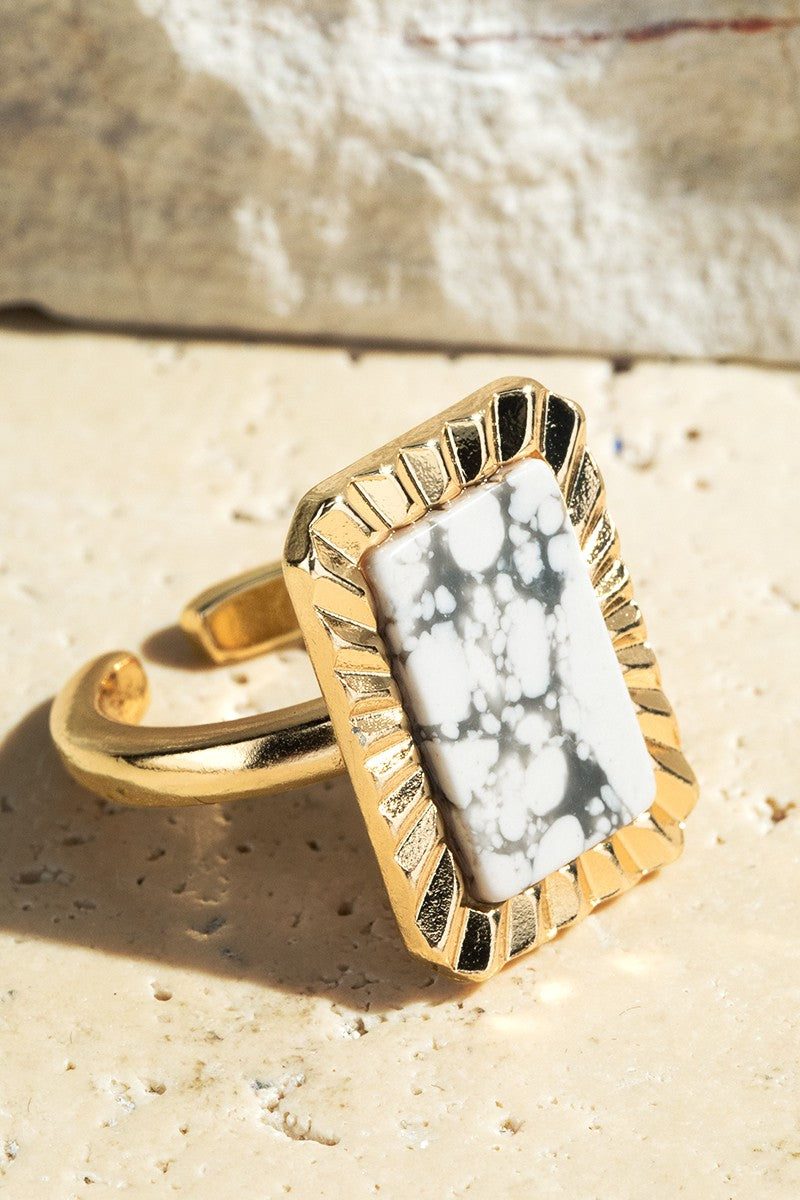White Marbled Gold Framed Rectangular Adjustable Ring