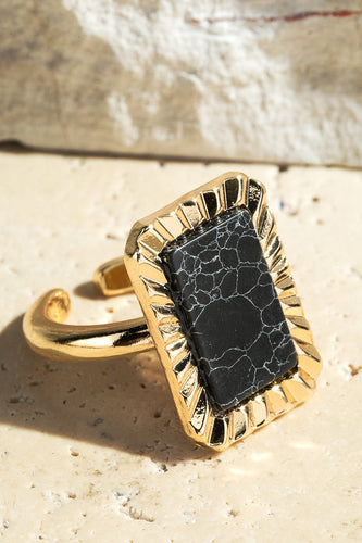 Black Marbled Gold Framed Rectangular Adjustable Ring