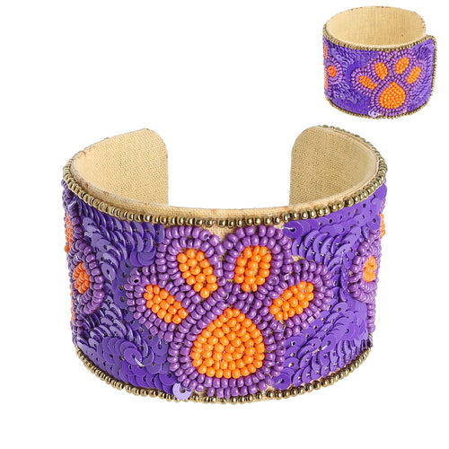 Clemson Tiger Paw Purple and Orange Game Day Beaded Paw Mascot Snap Cuff Bracelet