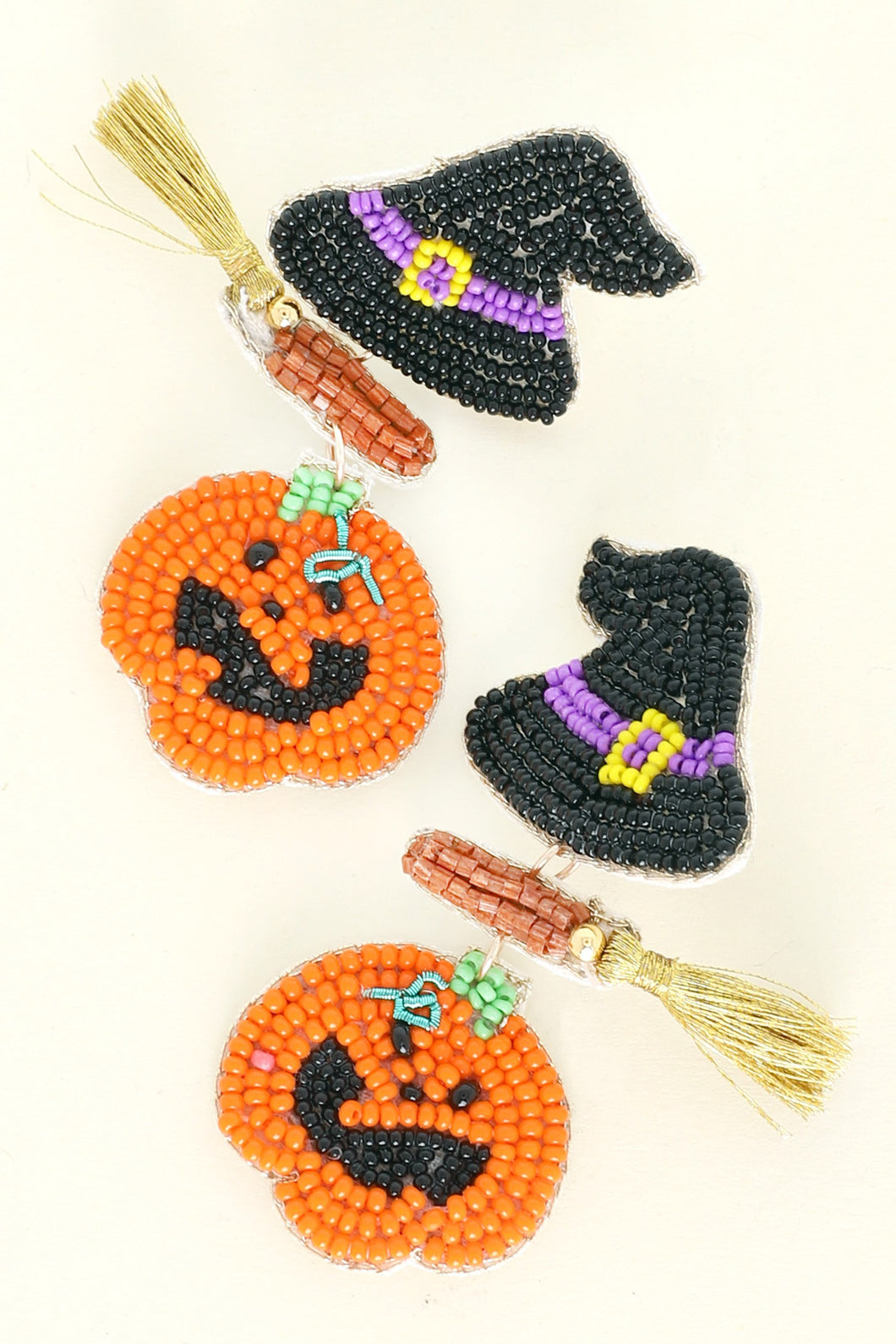 Witches Broom Pumpkin Beaded Earrings