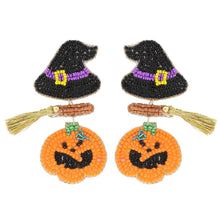 Load image into Gallery viewer, Witches Broom Pumpkin Beaded Earrings
