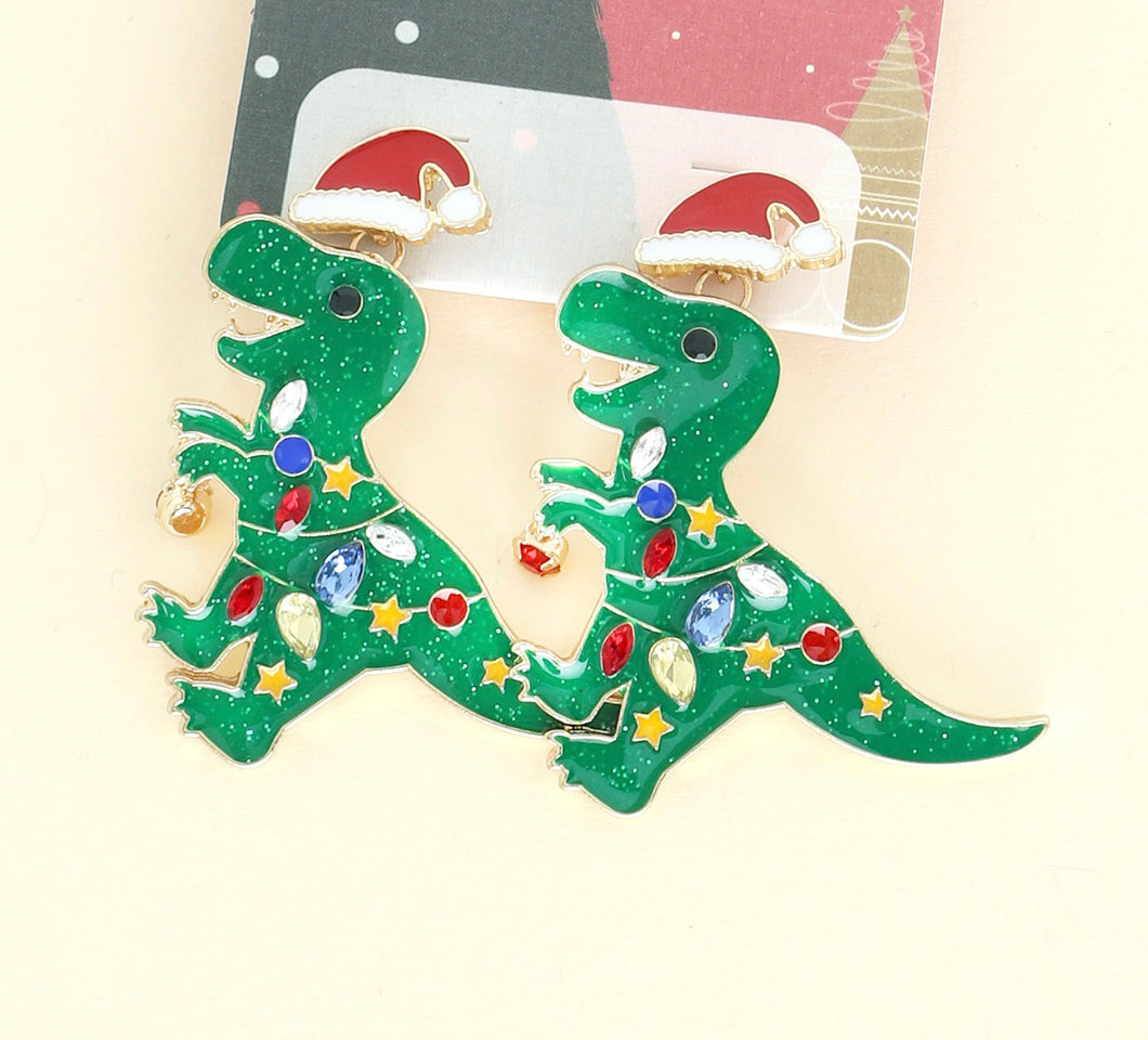 Jeweled Santa Hat Dinosaur Earrings
