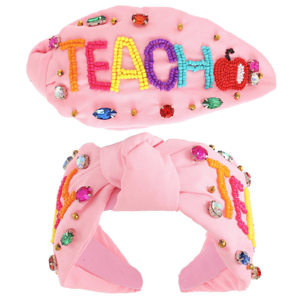 Pink Teach Jeweled and Beaded Headband