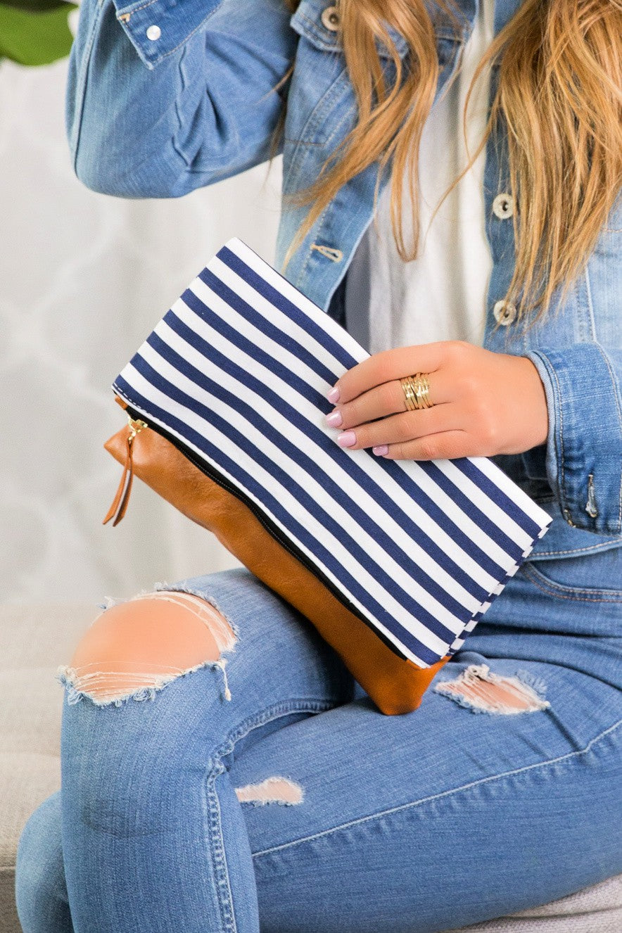 Navy Striped Fold Over Zipper Clutch