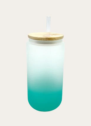 Turquoise Ombre Glass Cup WITH Wood Lid & Straw