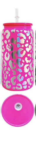 Hot Pink Leopard Glass Cup WITH Lid & Straw