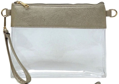 Champagne & Clear Stadium Clutch Crossbody Bag WITH Strap & Wristlet