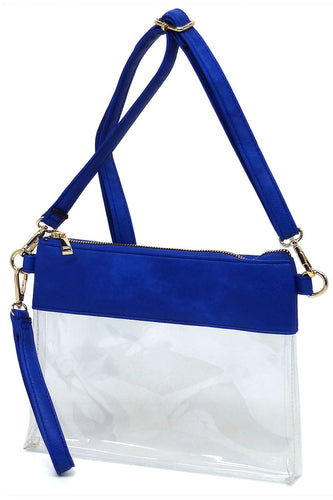 Royal Blue & Clear Stadium Clutch Crossbody Bag WITH Shoulder Strap & Wristlet