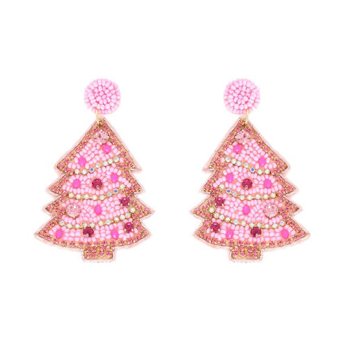 Pink Christmas Tree Earrings With Pink Jewels & Rhinestones