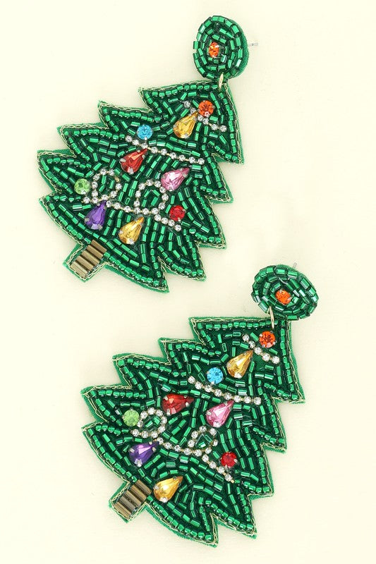 Green & Multi Colored Rhinestone Christmas Tree Earrings