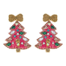 Load image into Gallery viewer, Pink &amp; Gold Jeweled Christmas Tree Earrings
