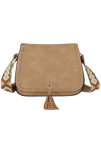 Mocha Saddle Crossbody Bag with Aztec Guitar Strap & Tassel