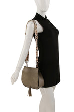 Load image into Gallery viewer, Mocha Saddle Crossbody Bag with Aztec Guitar Strap &amp; Tassel
