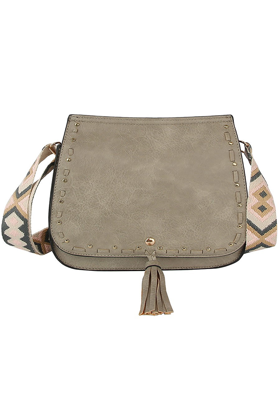 Grey Saddle Crossbody Bag with Aztec Guitar Strap & Tassel