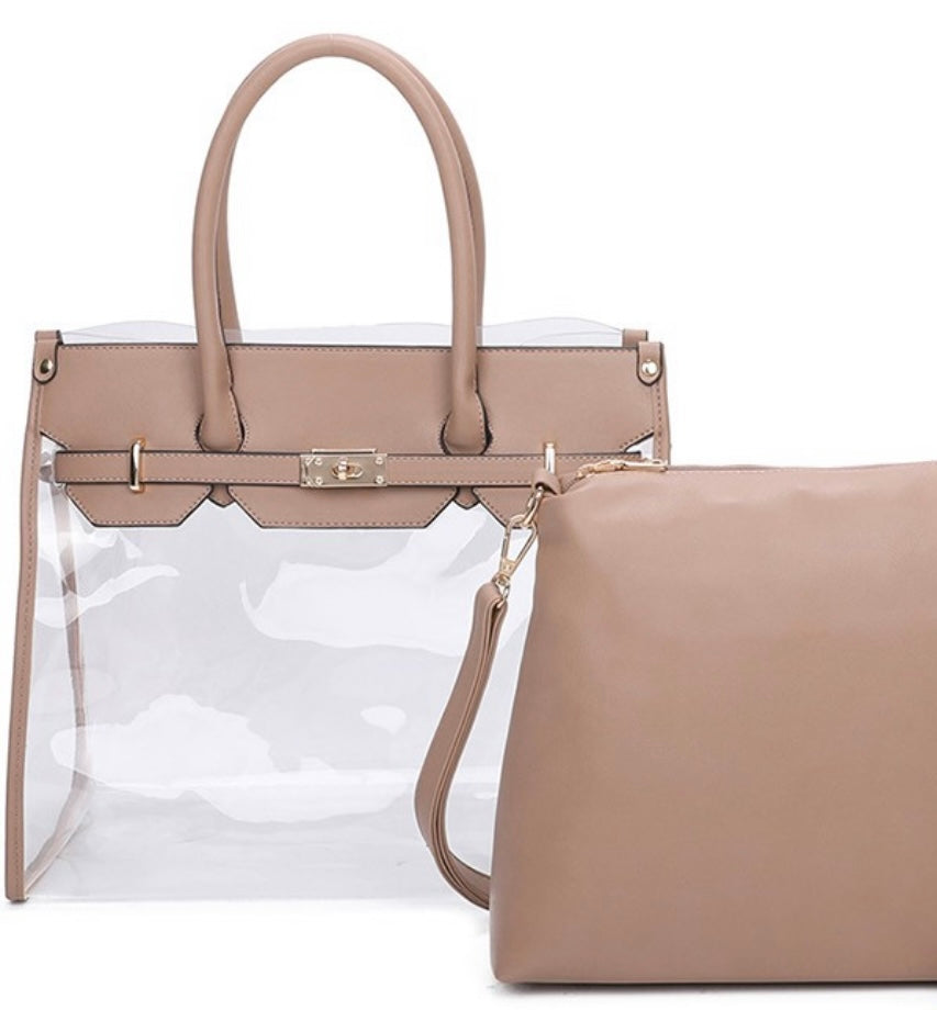 Stadium Clear & Taupe Satchel WITH Matching Crossbody Bag (2-in-1)