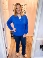 Load image into Gallery viewer, Cobalt Blue V Neck Sweater With Eyelet Collar Lining Sweater
